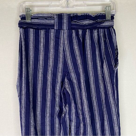 Indigo Rein Pants Women’s Blue White Linen Stripe Crop Wide Leg Boho Belted S - Picture 10 of 12